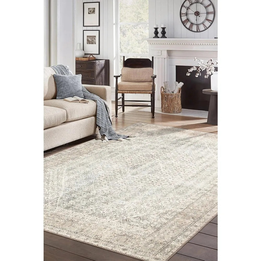 "8x10 Machine Washable Rug with Non-Slip Bottom - Perfect for Living, Dining, and Bedroom Spaces - Vintage Style, Easy to Clean"