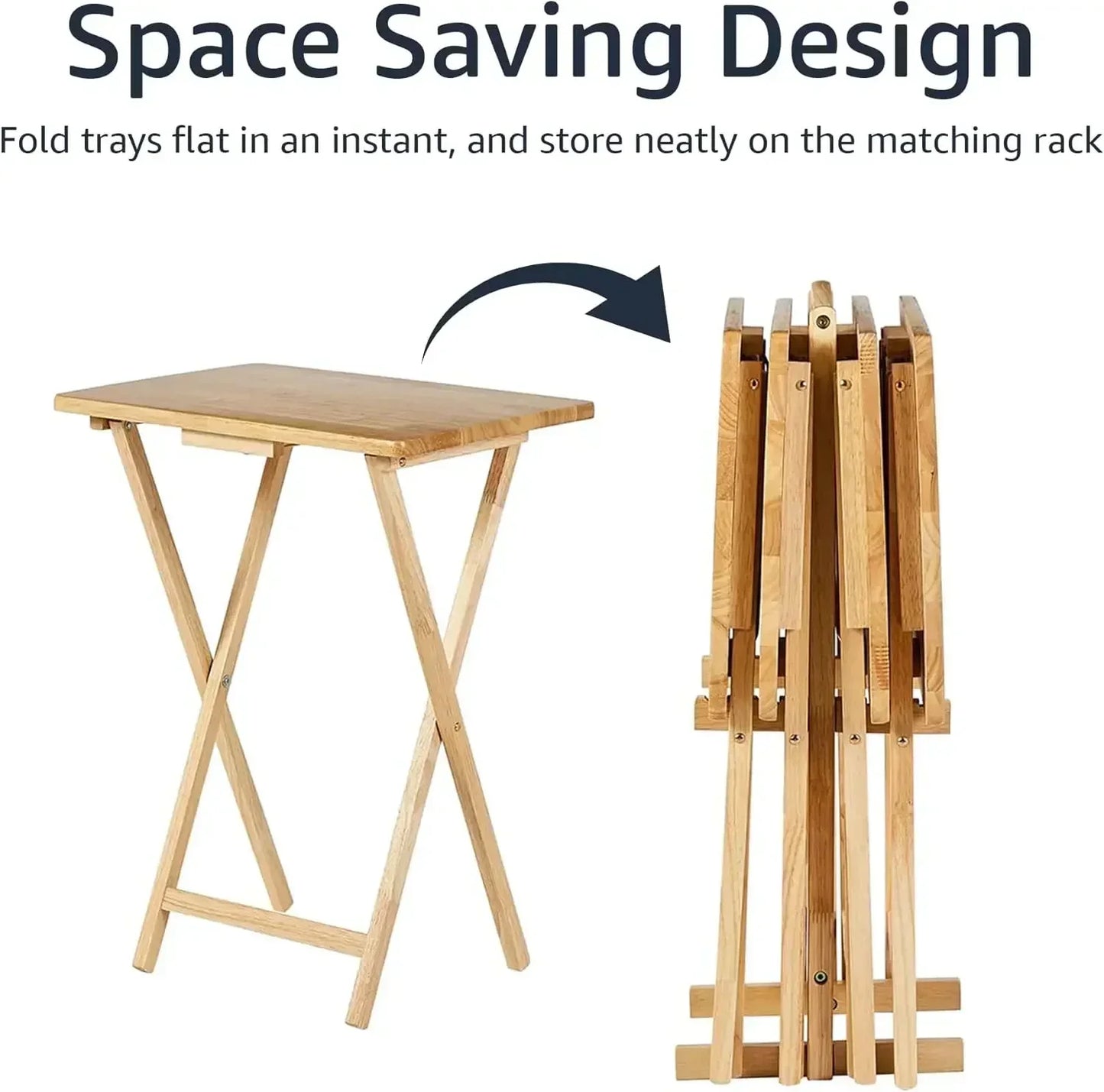 Classic TV Dinner Rectangular Folding Tray Table with Storage Rack, Natural - Set of 4 Trays, 15"D x 19"W x 26"H