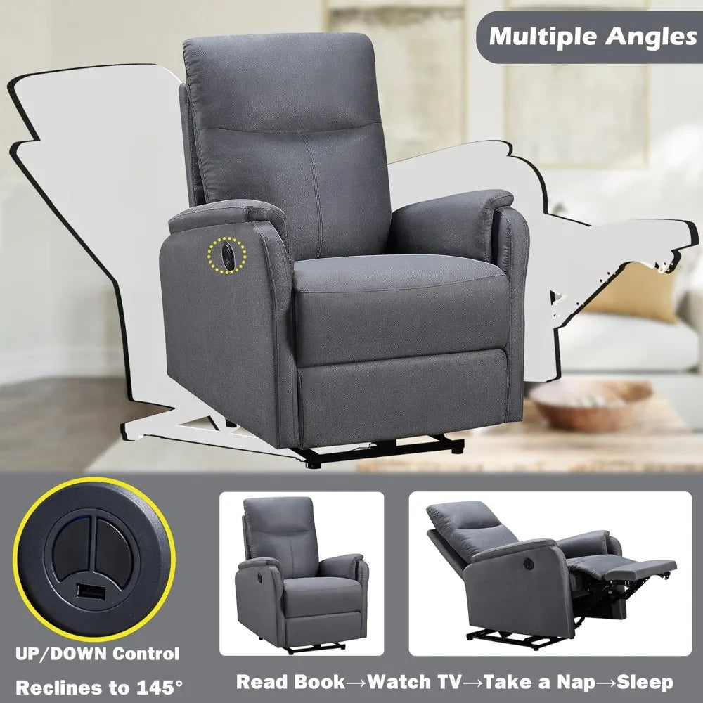 Small Electric Power Recliner, Breathable Leathaire Fabric Reclining Chair, USB Ports, Electric Home Theater Seating