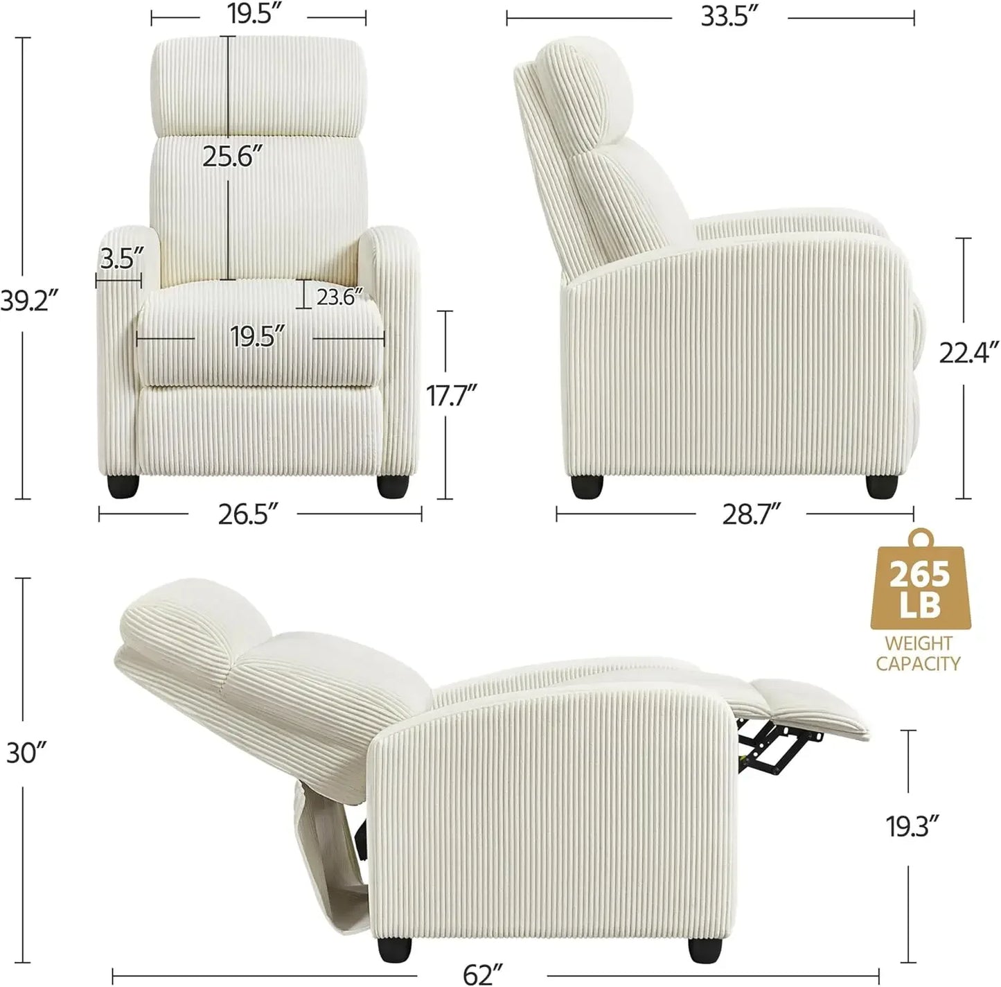 Corduroy Recliner Chair Single Sofa Home Theater Seating Adjustable Modern Reclining Chair for Living Room Bedroom Home Theater