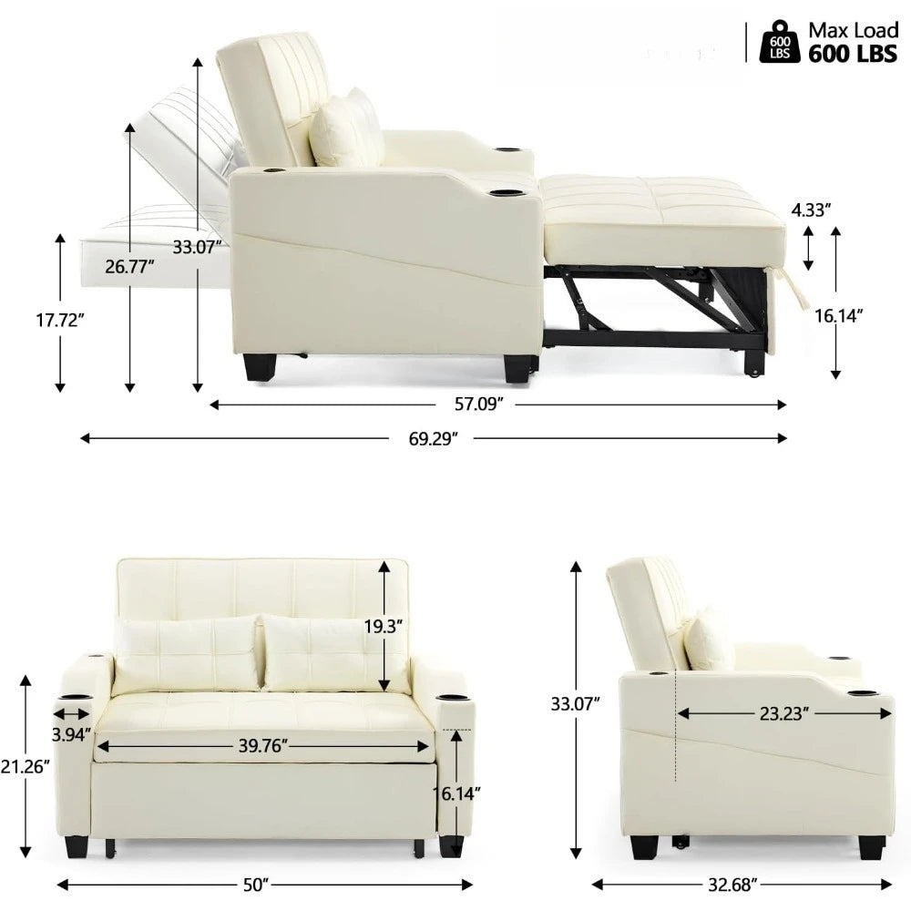 Beige Loveseat Sleeper Sofa, Convertible Futon Sofa Bed Faux Leather Pullout Couch Bed with USB Ports, Cup Holders, Armre