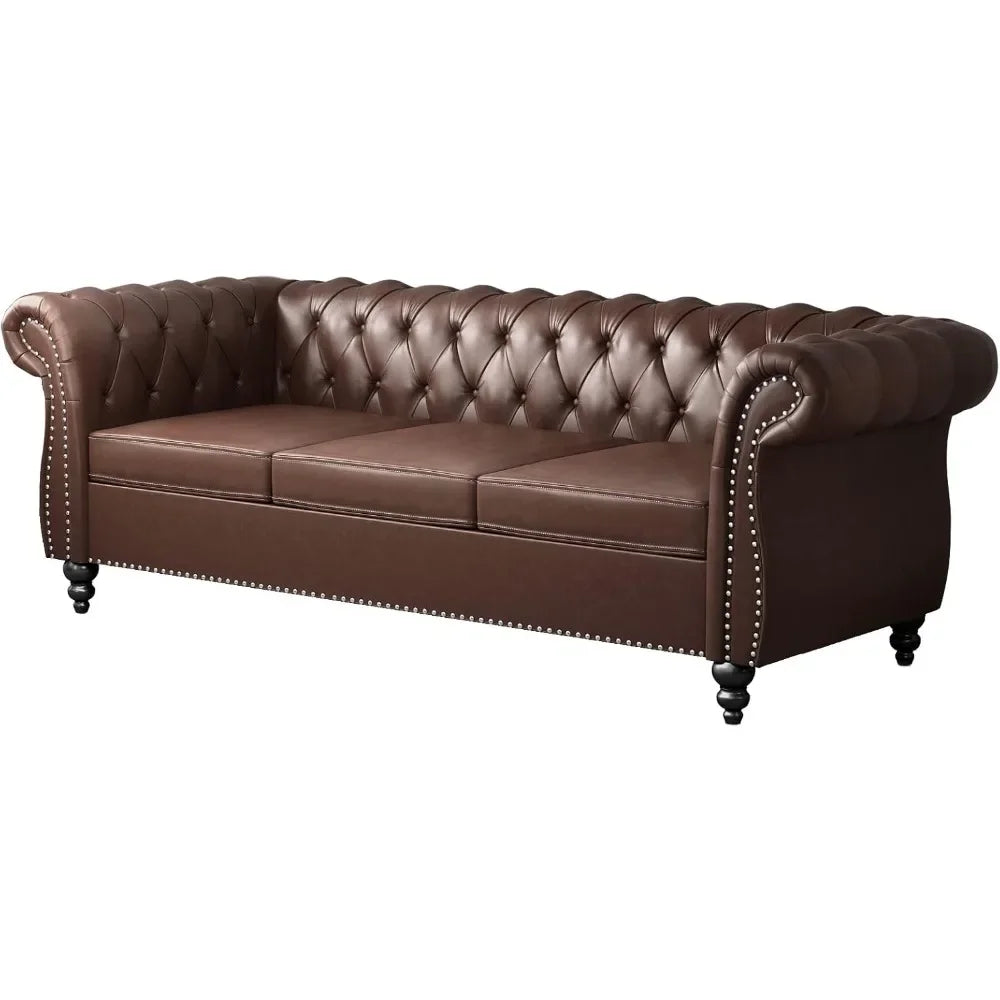 Modern PU Tufted Couch 3 Seater with Rolled Arms and Nailhead for Living Room, Bedroom, Office, Apartment