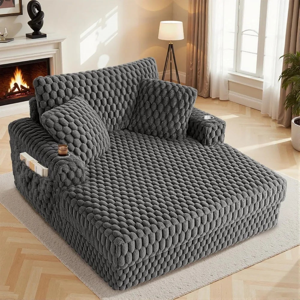 Oversized Chaise Lounge Chair Indoor 58 Inch Soft Cushioned Sofa Bed with Armrests and Cup Holder Plush Faux Fur Reading Chair