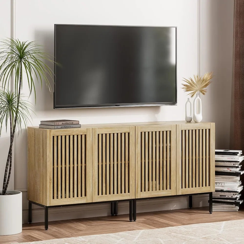 63 Farmhouse TV Stand, Entertainment Center with Metal Base & Adjustable Shelves, 2 in 1 TV Console with 4 Doors