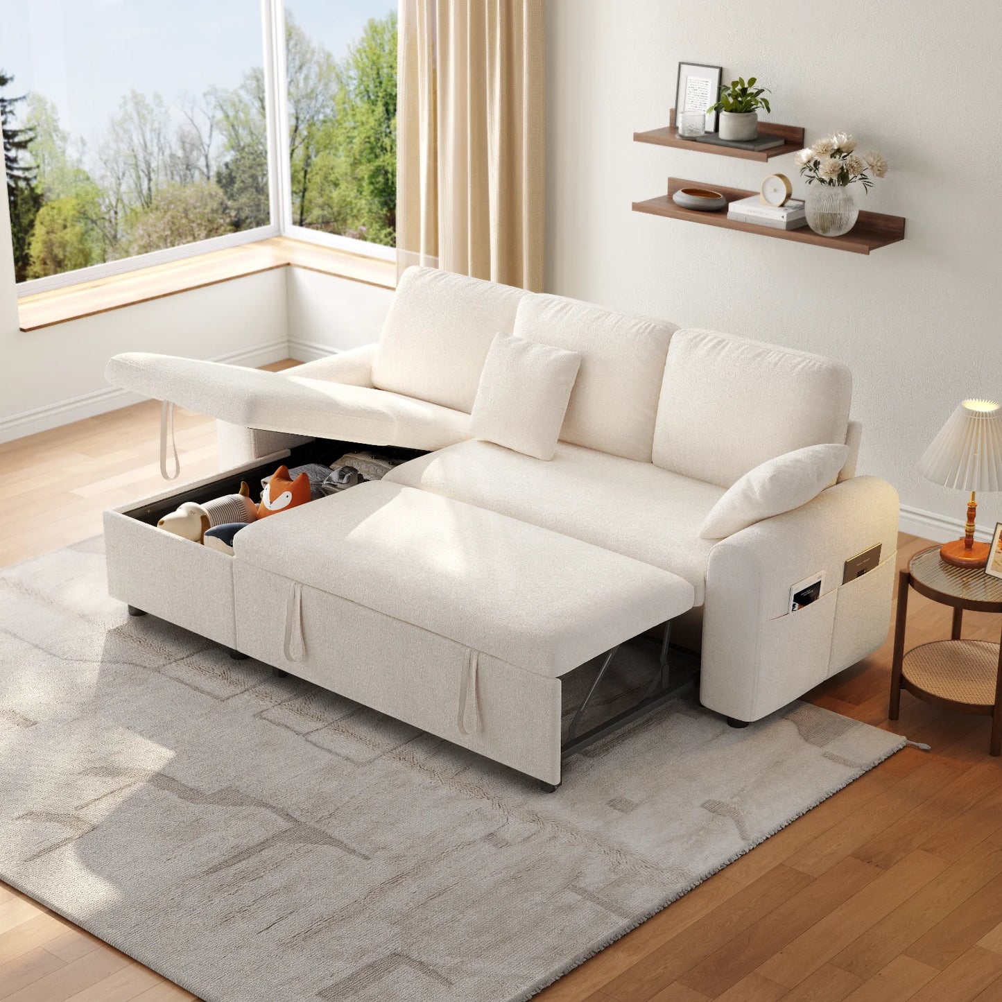 L Shaped Sleeper Sofa, 85" Pull Out Couch Bed with Storage Chaise, 2 in 1 Sectional Sofa Couch with Pullout Bed & 2 Pillows