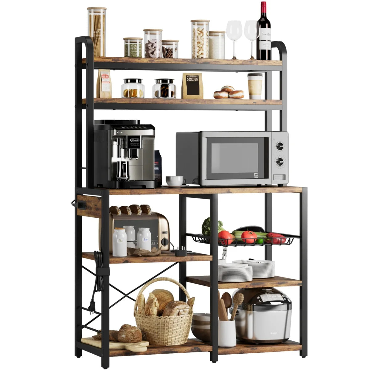 Kitchen Bakers Rack with Power Outlet Microwave Stand Coffee Bar Station Storage Shelves with Basket for Dining/Living Room