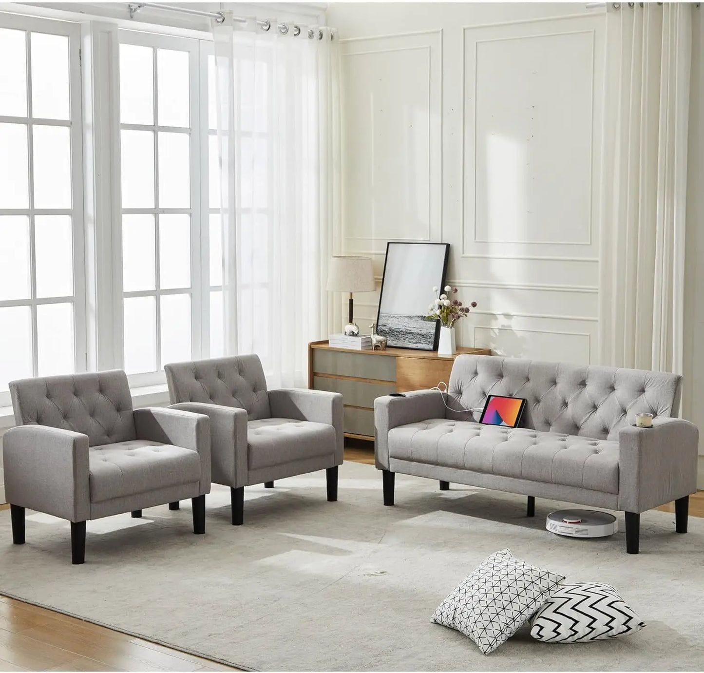 Mid-Century Modern Tufted Loveseat Sofa Set w/ 2 USB & 2 Cupholders, 3 Piece Living Room Furniture Sets, Small Love Seat Couches
