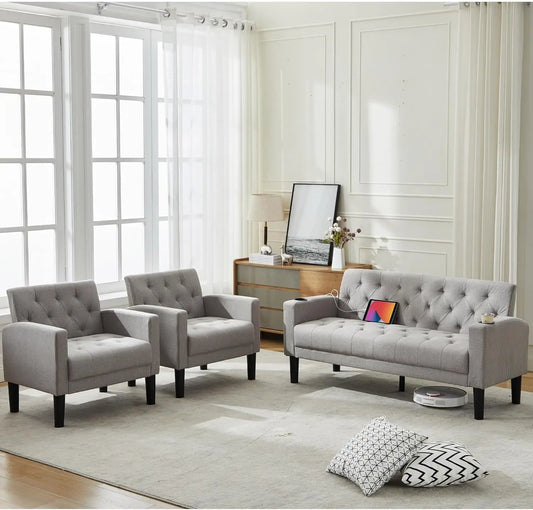 Mid-Century Modern Tufted Loveseat Sofa Set w/ 2 USB & 2 Cupholders, 3 Piece Living Room Furniture Sets, Small Love Seat Couches