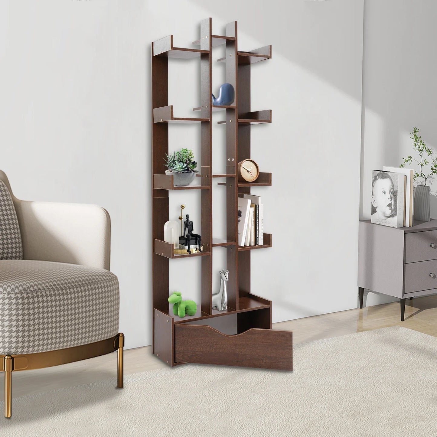 Dark Oak Color Rectangle Bookcase,Density Board 15-Compartment Bookcase with Cabinet ,51*18*142cm Floor Standing for Offices