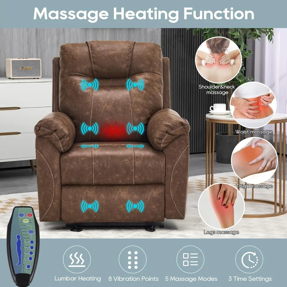 Power Recliner Chair, Wall Hugger Recliner with Massage and Heat, PU Leather Recliner Chair with 2 Side Pockets & USB Ports for