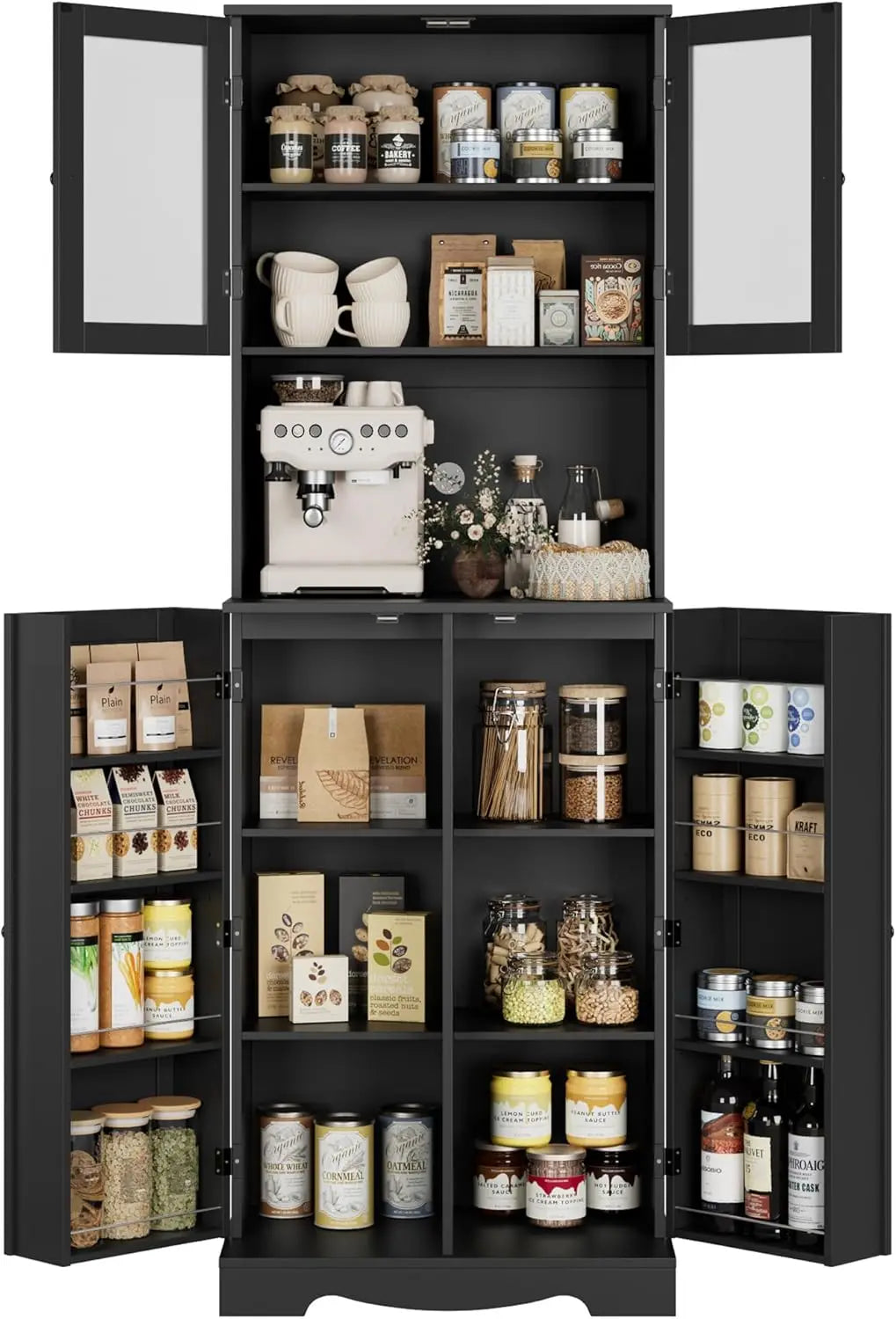 71'' Pantry Cabinet, Tall Storage Cabinet with Microwave Stand, Freestanding Kitchen Hutch with Doors and Adjustable She