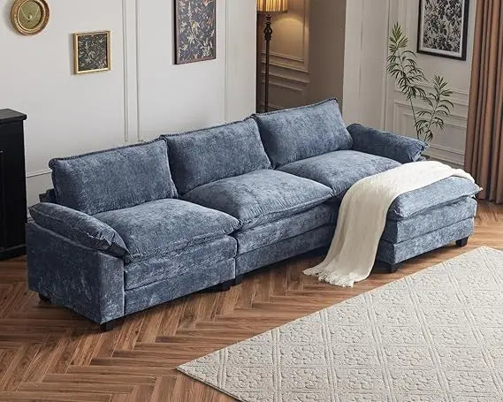 122" Sectional Couch 3-Seat Deep Sofa Couch with Ottoman Modern L Shape Sectional Sofa Chenille Upholstered for Living Room, Ap