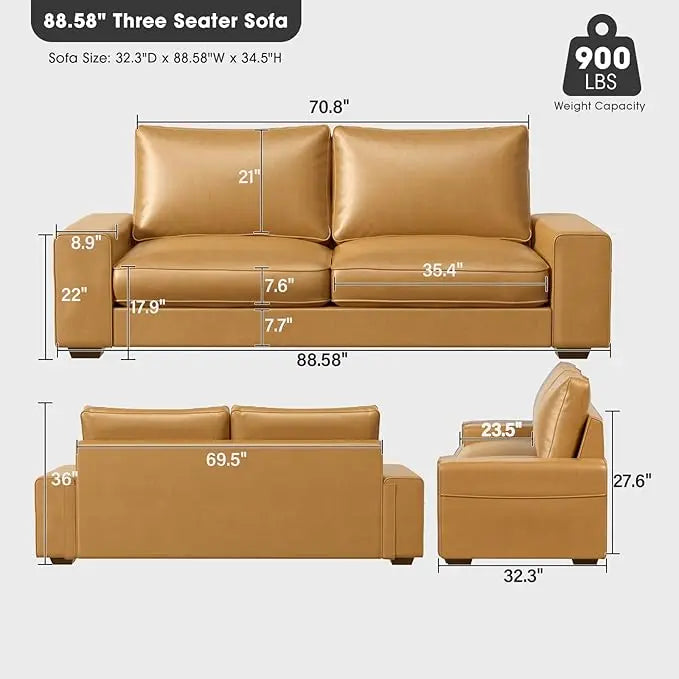 Faux Leather Couch, Mid Century Modern Comfy Loveseat Sofa with Wide Arm, Side Pockets, Solid Wooden Frame for Office
