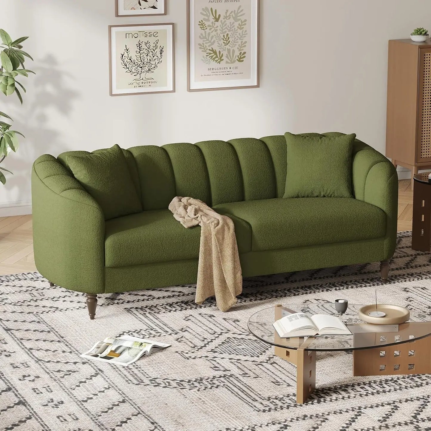 83” Modern Boucle Sofa, Minimalist Style Comfy Loveseat with 2 Pillows, Luxury 2 Seater Couch with Curved Armrest& Woode Leg