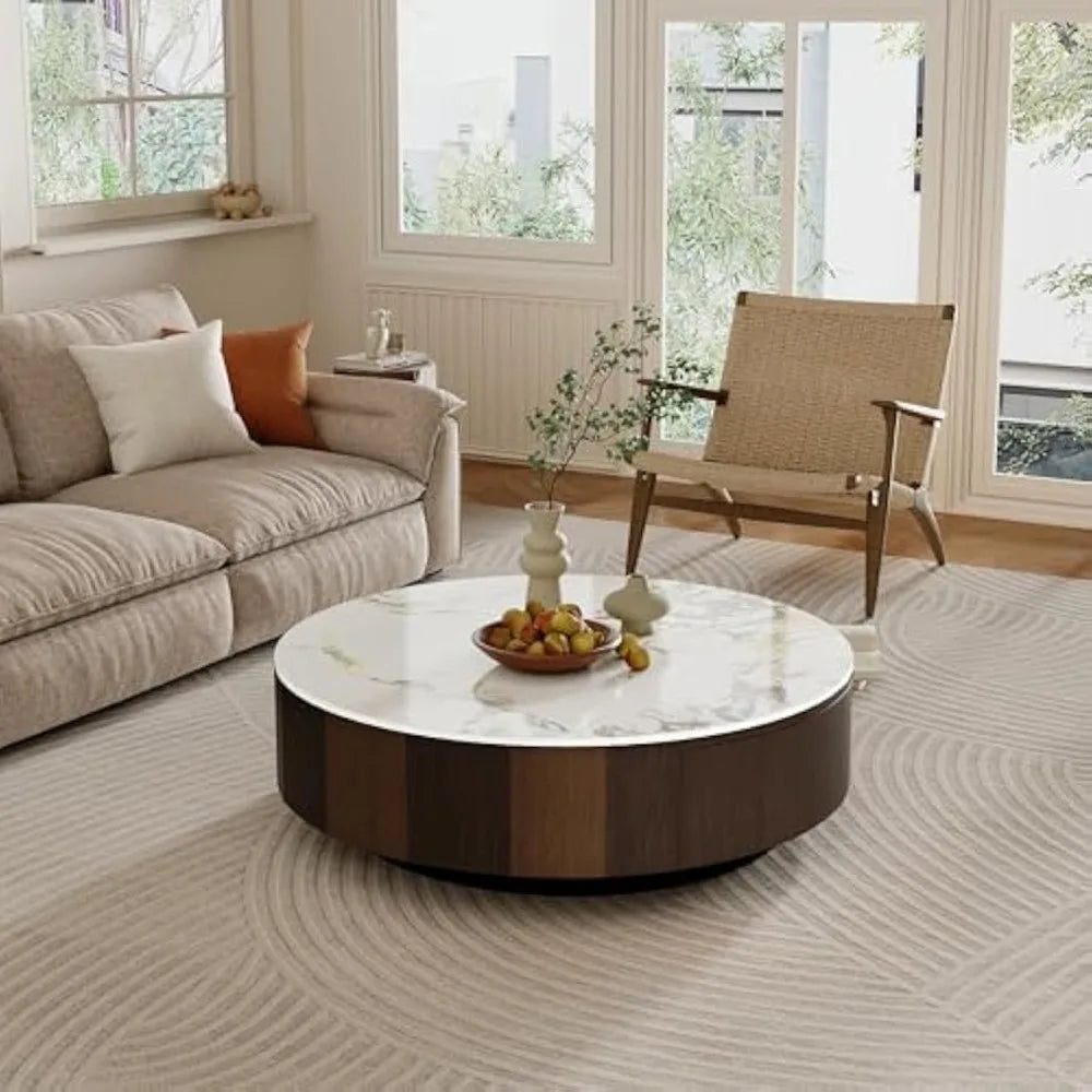 35.43" Modern Coffee Table for Living Room, Round Coffee Table with Storage Drawer, Sintered Stone Top with Metal Base