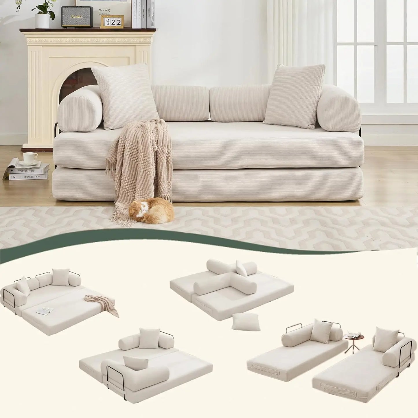 Sleeper Sofa Bed,4-in-1 Convertible Folding Boneless Couch,Foldable Love Seat with Blanket Pillow Corduroy Floor Futon Couch