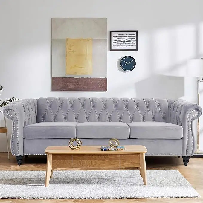 Home Sofa Living Room Furniture, 3 Seater Leather Upholstered Sofa Couch, Modern Comfy Couch with Faux Leather Cushions