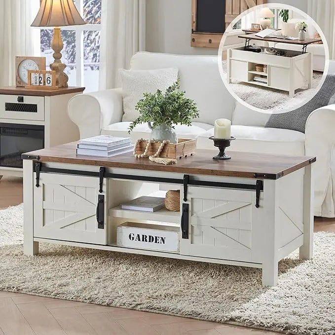48" Farmhouse Lift Top Coffee Table with Sliding Barn Door,Rustic Center Table with Hidden Storage Compartment,Lifting Tabletop