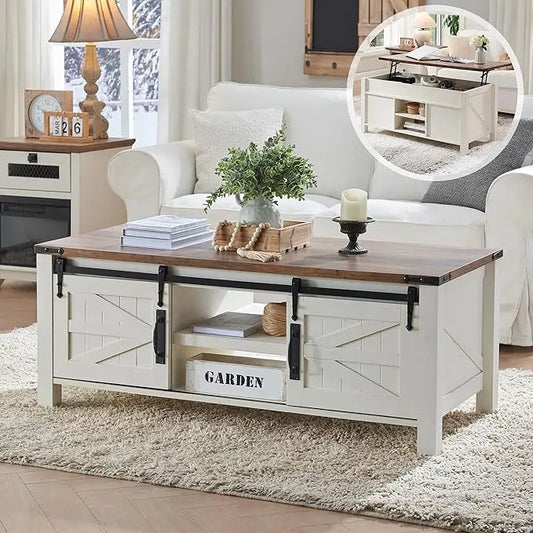 48" Farmhouse Lift Top Coffee Table with Sliding Barn Door,Rustic Center Table with Hidden Storage Compartment,Lifting Tabletop