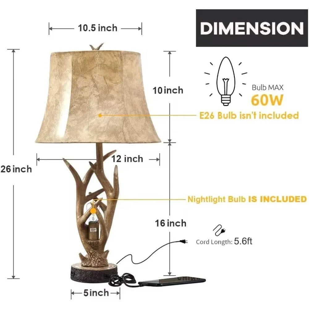 Dungoo Rustic Western Deer Table Lamps with Nightlight Set of 2, 26" Rustic Bedside Lamps for Bedroom with 2 USB Ports, Natural