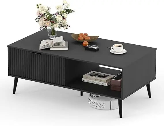 Coffee Table with Storage, Wooden Coffee Tables with Sliding Door and Solid Wood Legs, 2-Tier Cocktail Table, Mid Century Modern