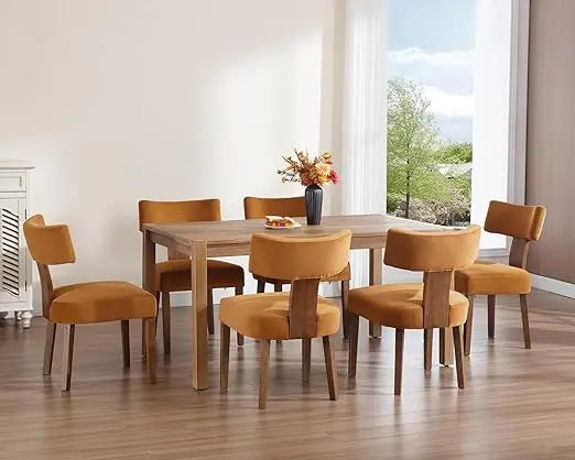 Mid Century Modern Dining Chairs Set of 6, Farmhouse Linen Fabric Upholstered Accent Curved Backrest Kitchen Chairs, with Ha