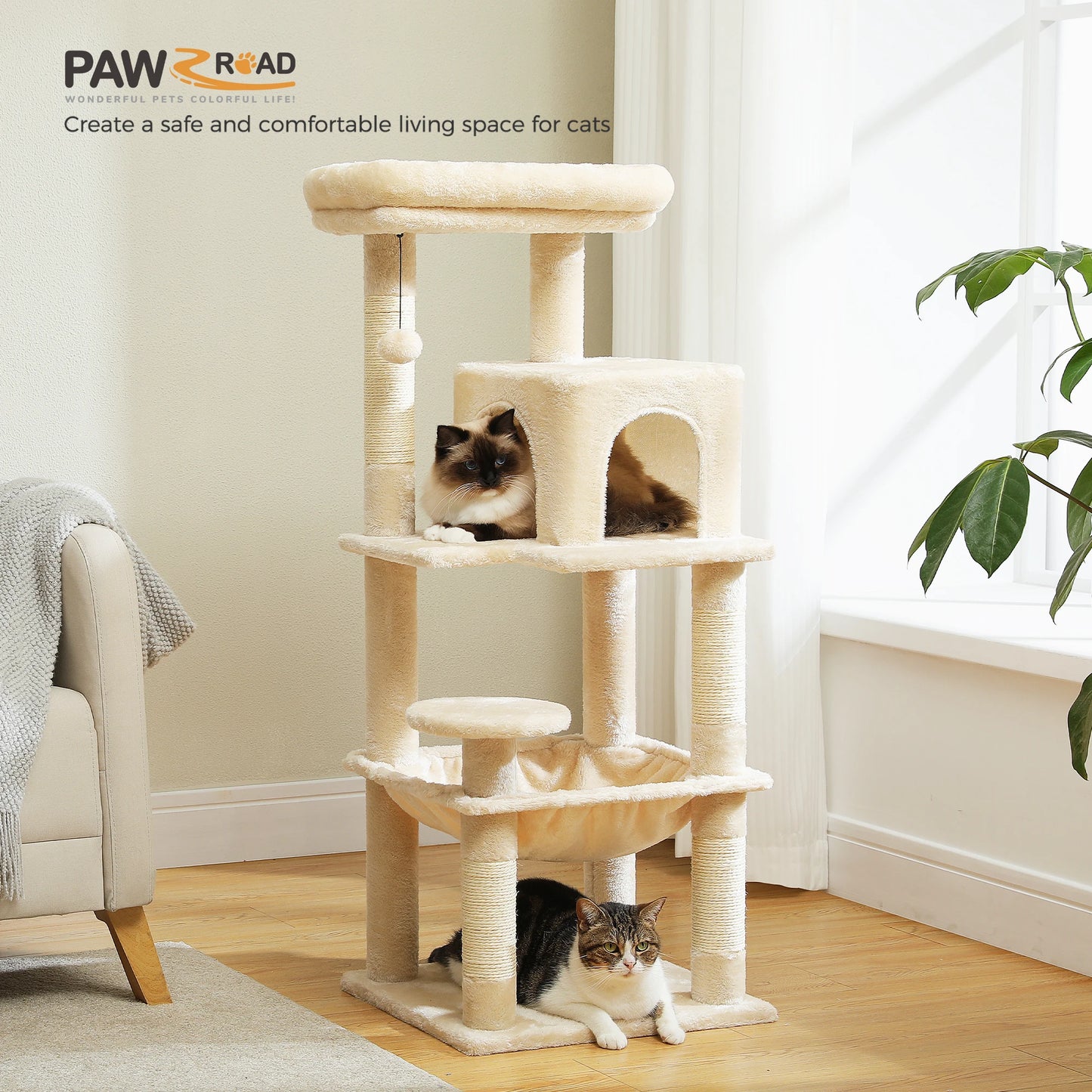 Cat Tree for Indoor Cats, 5-Level Cat Tower for Large Cats with Metal Frame Large Hammock Cat Condo with Big Top Perch