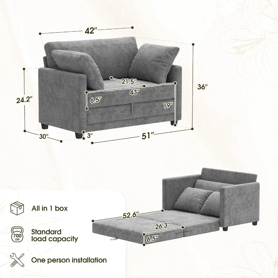 51 Convertible Sofa Bed 2 in1 Folding Sofa Bed Loveseat Sleeper Sofa for Small Spaces Fold Out Floor Couch with 2 Pillows for A