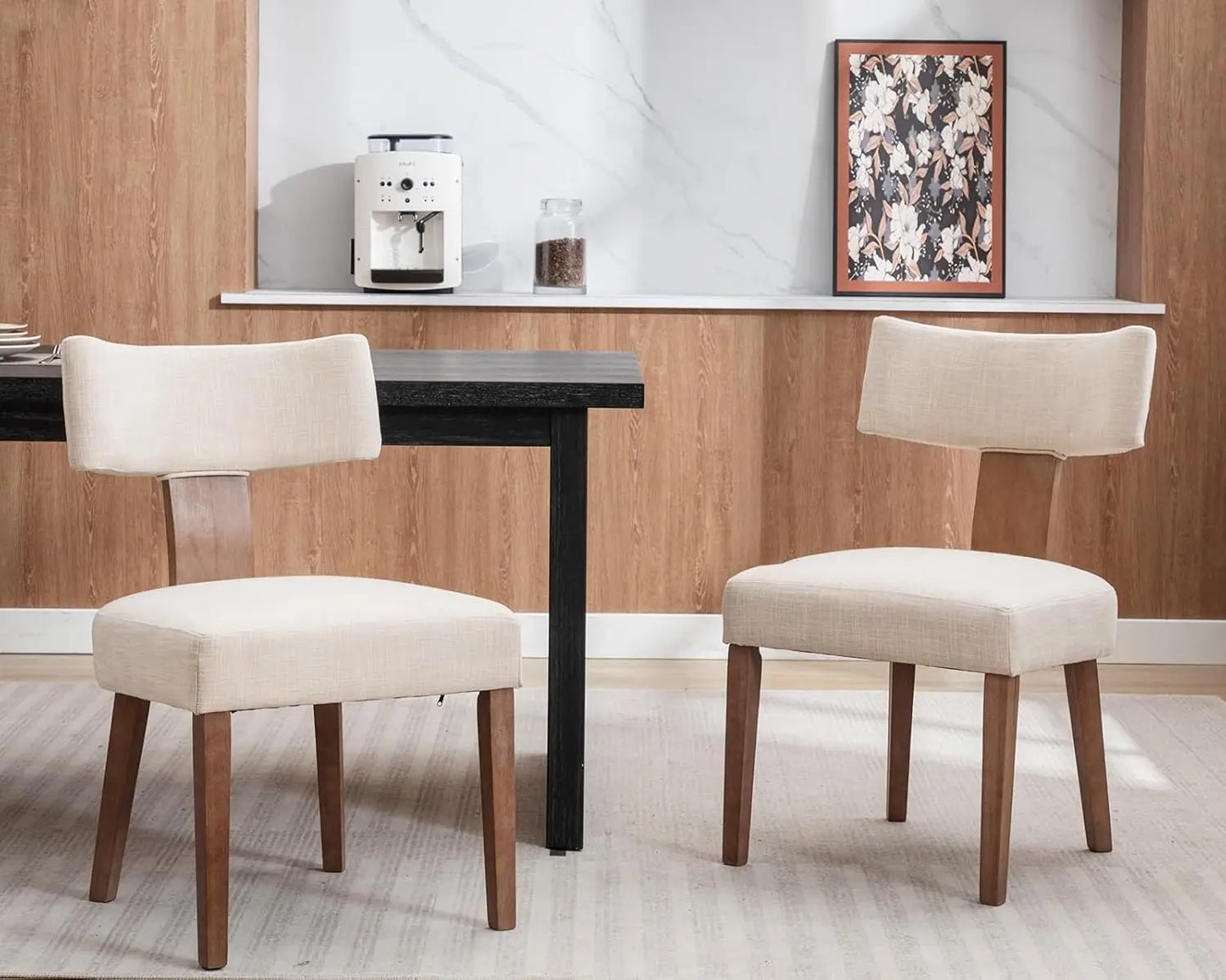 Mid Century Modern Dining Chairs Set of 6, Farmhouse Linen Fabric Upholstered Accent Curved Backrest Kitchen Chairs, with Ha