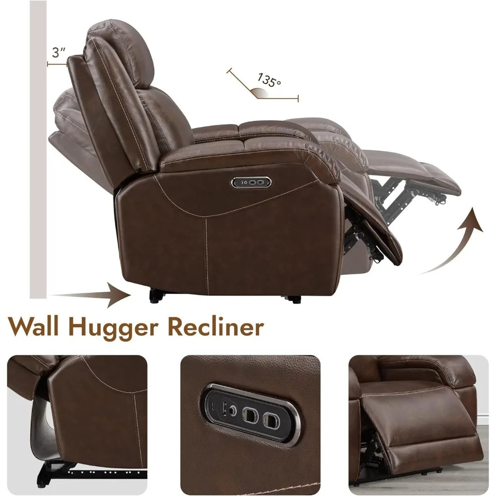 Genuine Leather Power Recliner Chairs for Adults, Wall Hugger RV Recliner with Power Headrest & Charging Ports