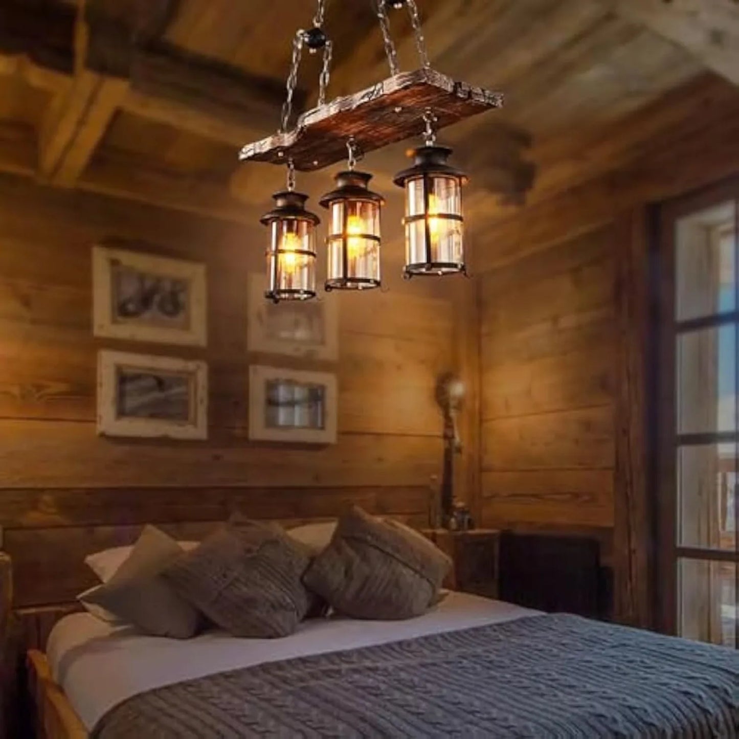 3-Light Rustic Kitchen Island Pendant Lamp Farmhouse Wood Iron Chandelier Industrial Ceiling Hanging Light with Glass Lampshade