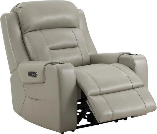 Genuine Leather Power Recliner Chairs for Adults, Lay Flat Recliner with Power Headrest, USB Ports and Cup Holders