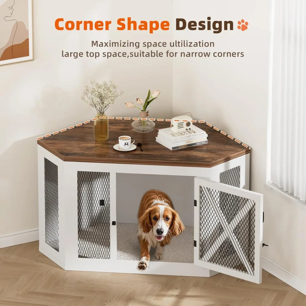Xilingol Corner Dog Crate Furniture, Wooden Dog Kennel End Table with Mesh, Cage/House for Small Medium Large Dog, Decorative Pe
