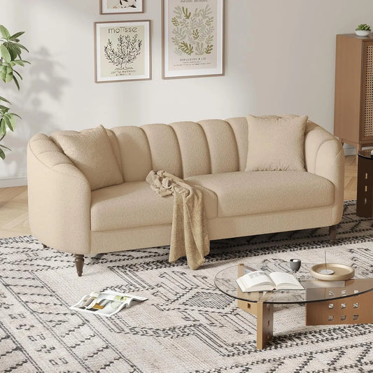 83” Modern Boucle Sofa, Minimalist Style Comfy Loveseat with 2 Pillows, Luxury 2 Seater Couch with Curved Armrest& Woode Leg