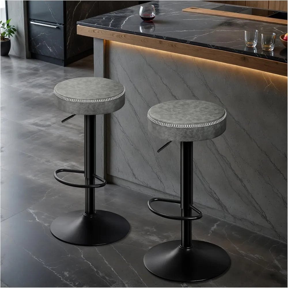 Adjustable Bar Stools Set of 2 Backless Kitchen Barstools with Round Seat 360°Swivel Counter Height Bar Stools Modern Microfiber