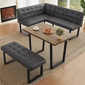 3 Piece Dining Table Set with Bench, 42.9 Inch Modern Kitchen Table with Left Seat Corner and 43.3 Inch Bench for Family Dining