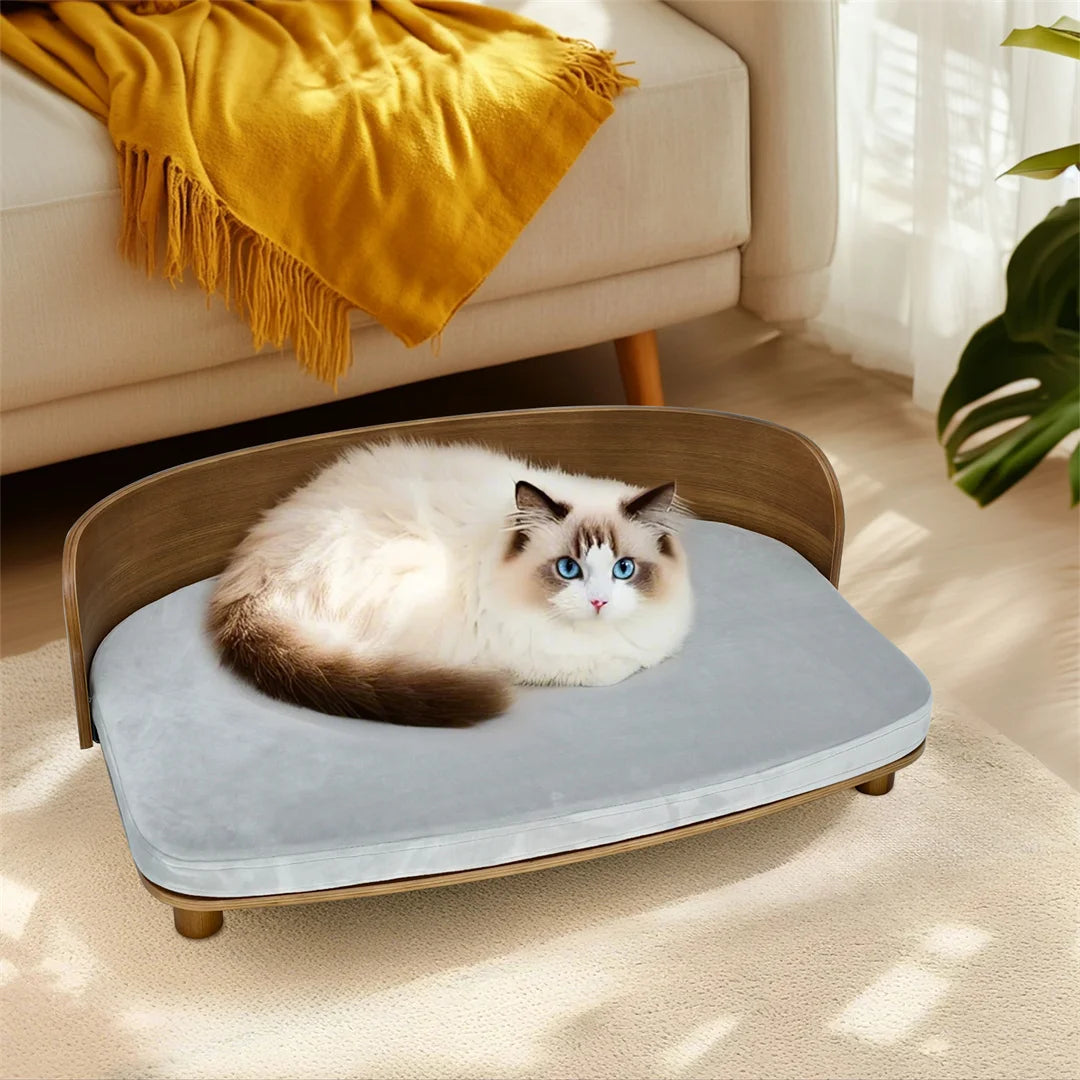 Indoor Wooden Elevated Dog Cat Bed Sofa Couch Puppy Stool Bed with Cozy Sponge Pad for Small Cats and Pup