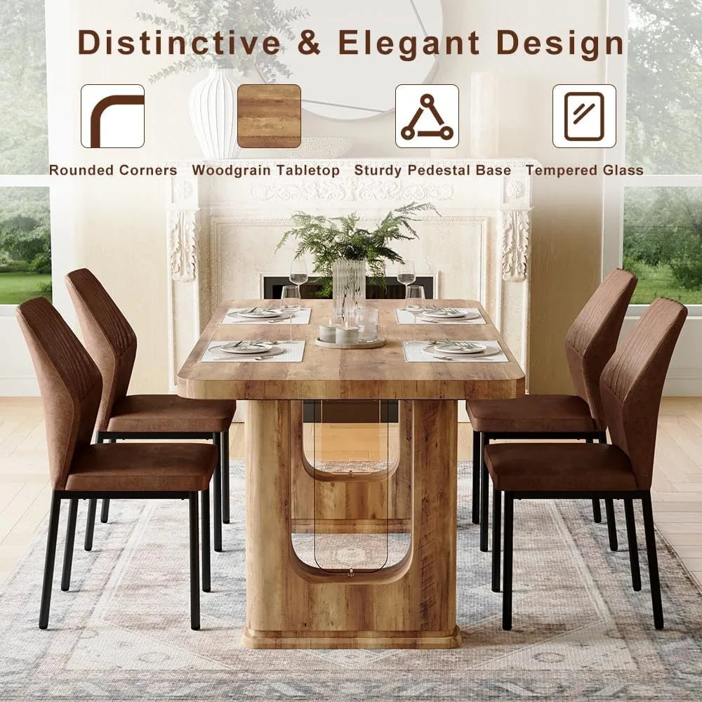 64.5" Dining Room Table Set for 6, Modern Farmhouse Wood Dining Table Set with Decorative Pedestal Legs & 6 Cushioned Chairs