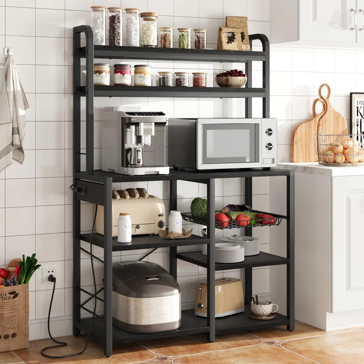 Kitchen Bakers Rack with Power Outlet Microwave Stand Coffee Bar Station Storage Shelves with Basket for Dining/Living Room
