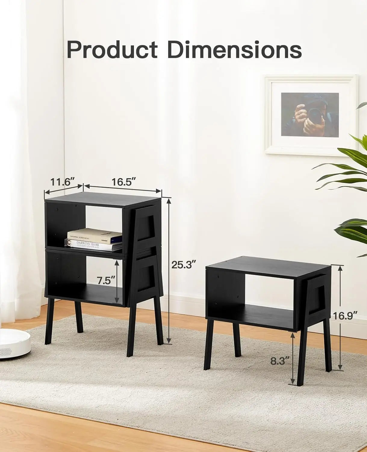 Bedside Tables, Stackable Bamboo Nightstands, Bamboo Side Tables for Bedroom & Living Room, End Table Night Stands, Set of 2, Bl