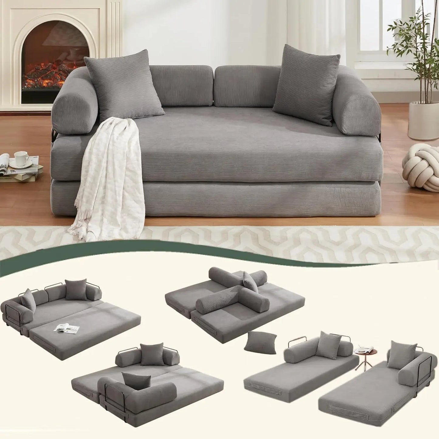 Sleeper Sofa Bed,4-in-1 Convertible Folding Boneless Couch,Foldable Love Seat with Blanket Pillow Corduroy Floor Futon Couch