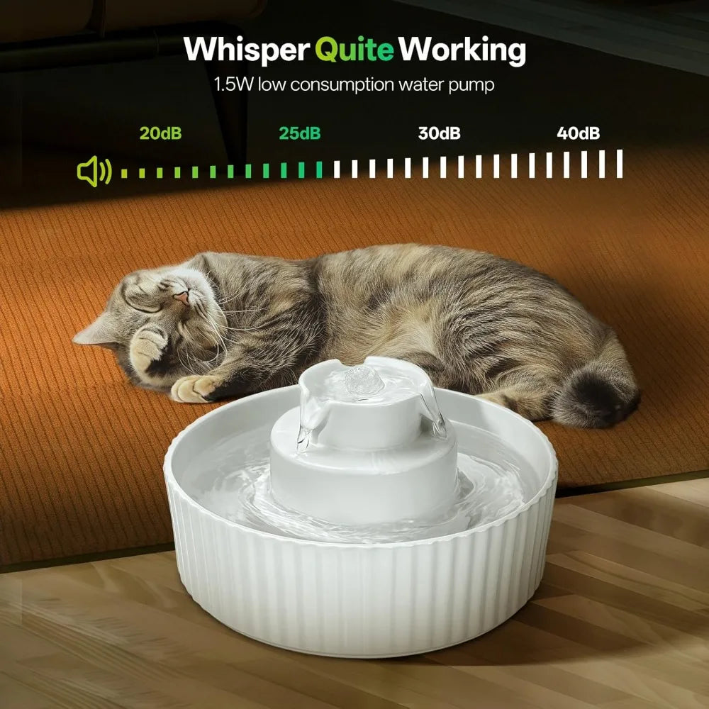 Ceramic Cat Water Fountain, 2.1L/70oz Porcelain Pet Drinking Dispenser with 4 Set Replacement Filter & Sponge, Automatic Dog Wat