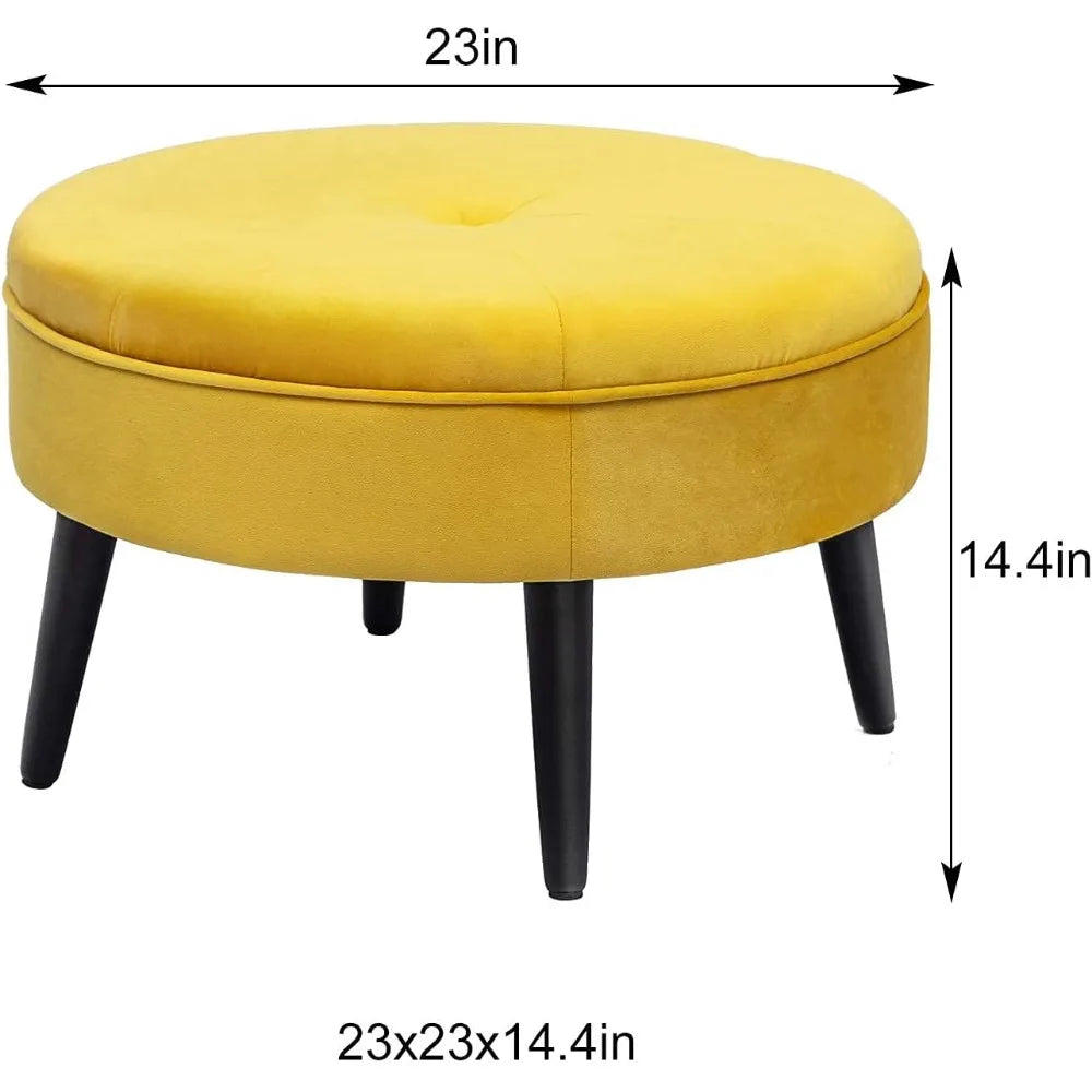 23" Round Velvet Footrest Stool, Upholstered Ottoman Coffee Table, Button Tufted Padded Foot Stools with Solid Wood Legs