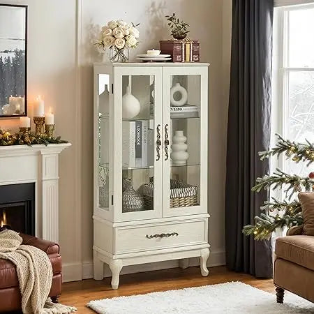 Lighted Curio Cabinet, 52" H Glass Display Cabinet with 3-Tier Adjustable Shelves, China Cabinet with Tempered Glass Doors for L