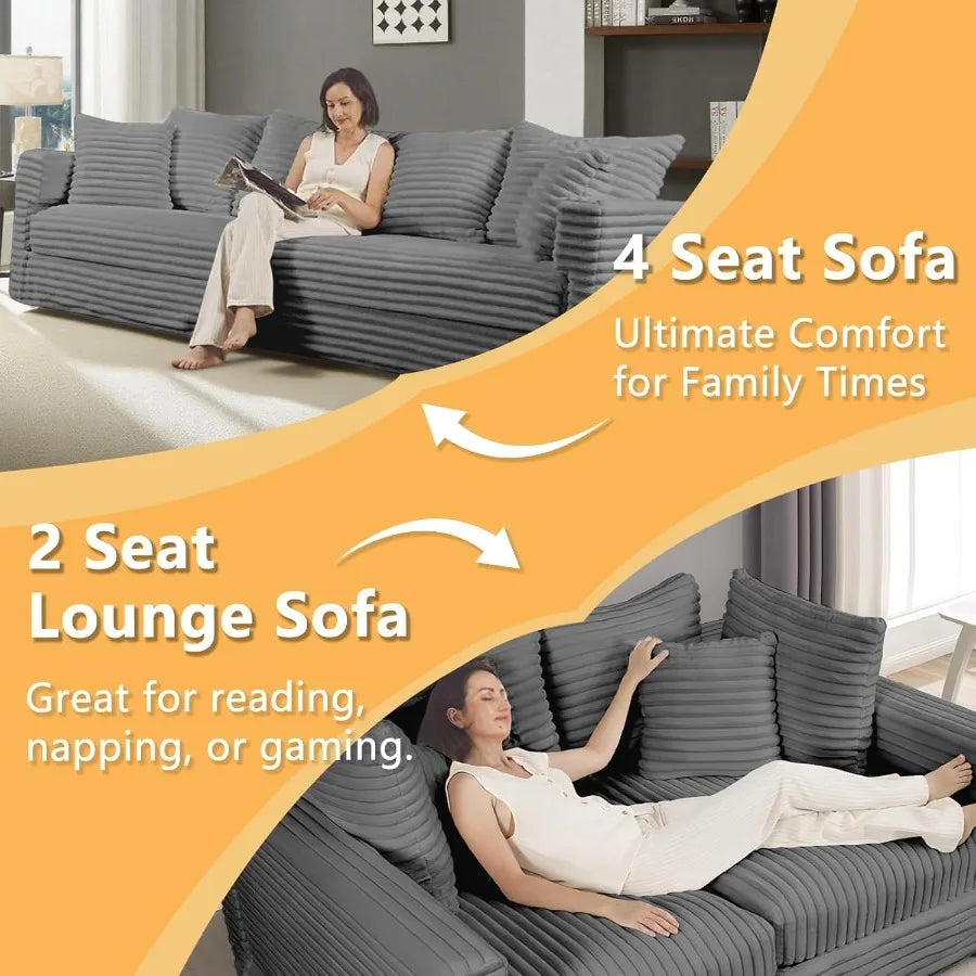 102.4 Oversized Cloud Couch Convertible 4 Deep Seat Foam Sofa Couch 2 in 1 Plush Corduroy Sofa with 6 Soft Pillows Modern Modul