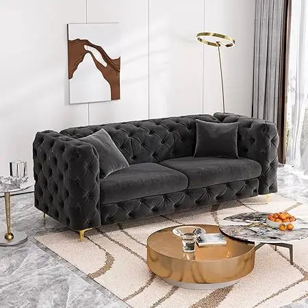 75" Sofa Couch Mid Century Modern Velvet Couch Tufted Button Sofa High Armrest & Metal Gold Legs Luxury Chesterfield Decor with