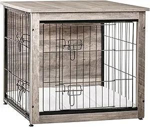 DWANTON Dog Crate Furniture with Cushion, Wooden Kennel Table with Double Doors, Indoor Dog House, Small/Medium/Large/Extra Larg