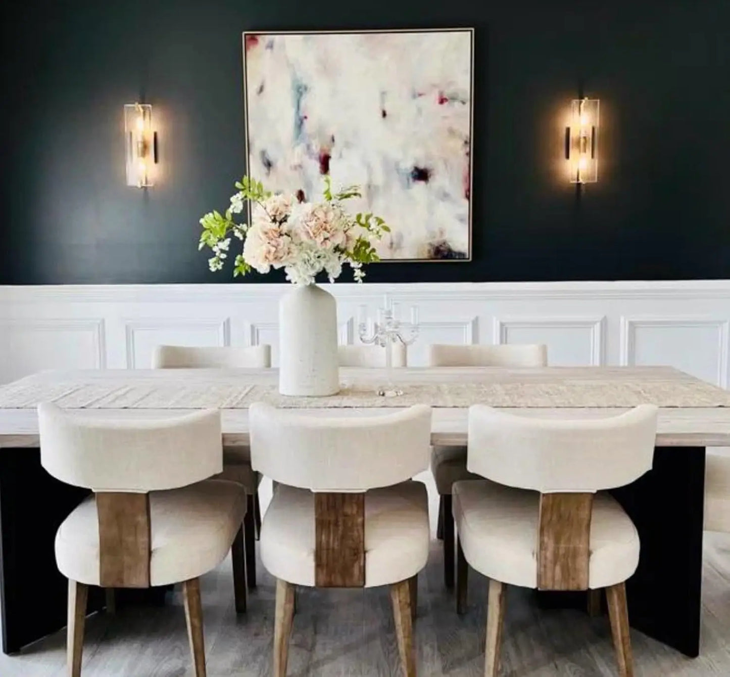 Mid Century Modern Dining Chairs Set of 6, Farmhouse Linen Fabric Upholstered Accent Curved Backrest Kitchen Chairs, with Ha