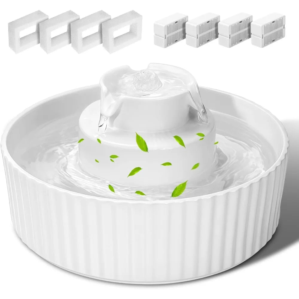 Ceramic Cat Water Fountain, 2.1L/70oz Porcelain Pet Drinking Dispenser with 4 Set Replacement Filter & Sponge, Automatic Dog Wat