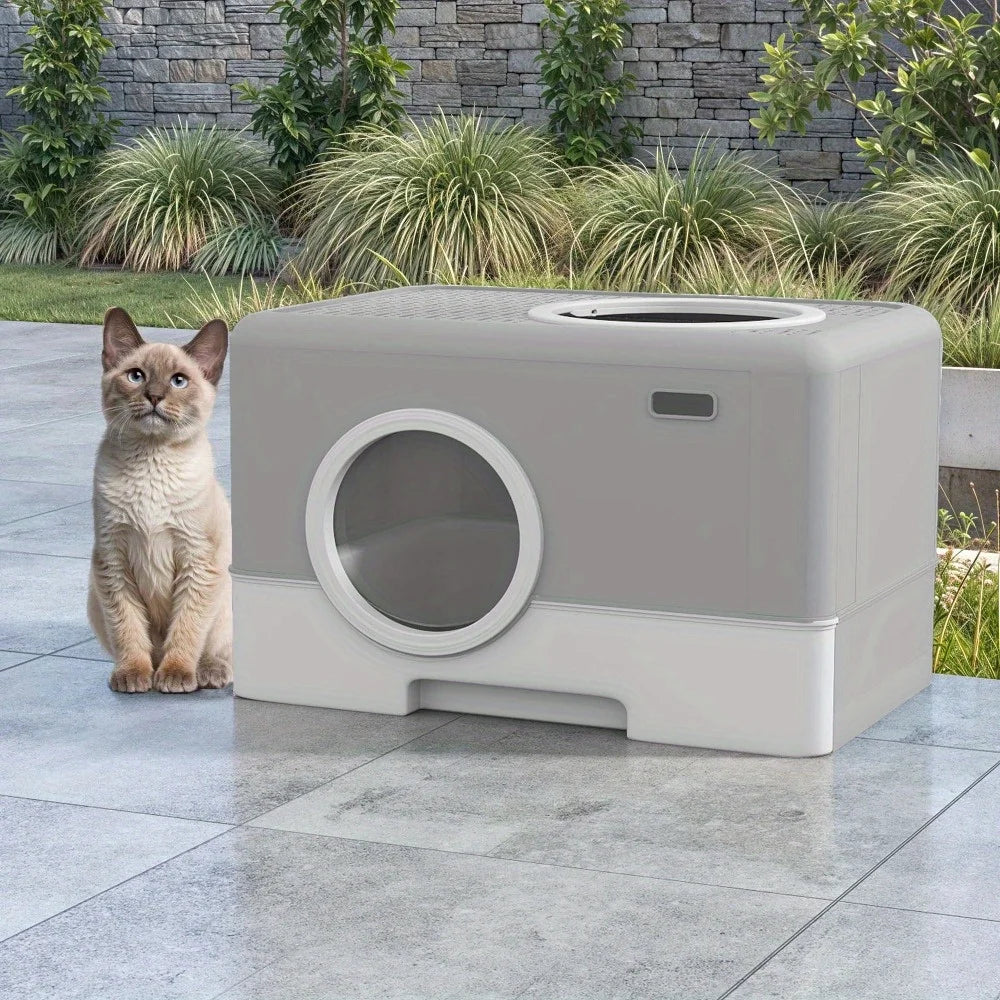 Large Enclosed Cat Litter Box with Hood and Slide-Out Drawer, Easy Clean Gray Furniture Style Cabinet for Odor Control